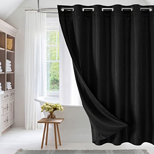 MitoVilla No Hooks Needed Extra Long Shower Curtain Liner Set, 86 inch XL Black Heavyweight Fabric Cloth Shower Curtains Set with Snap-in Liner for Modern Luxury Hotel & Spa Bathroom Decor