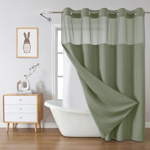 eachope SageGreen No Hook Waffle Weave Shower Curtain with snap-in liner replacement, 230GSM Waterproof Fabric Hotel Shower Curtain Set for Bathroom, Through Mesh Top Window,71Wx74H