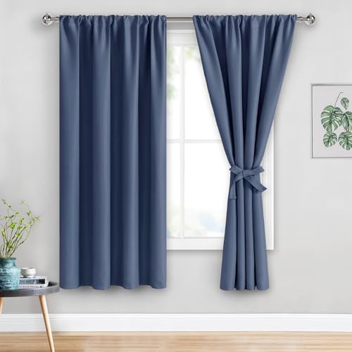 JIUZHEN Blackout Curtains for Bedroom??? Thermal Insulated,Noise Reducing Room Darkening Rod Pocket Curtains for Living Room, Set of 2 Panels with Tiebacks, 42 x 63 inch Long, Dusty Blue