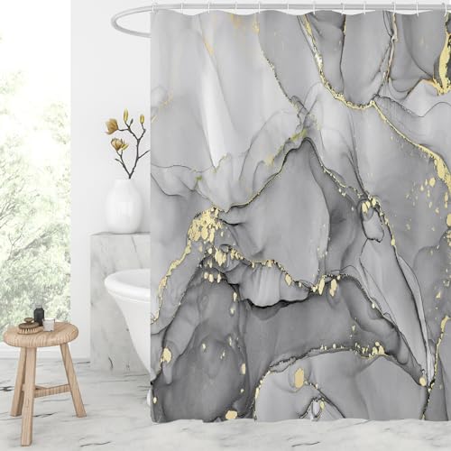 Gibelle Grey Marble Shower Curtain, Abstract Marble Shower Curtain for Bathroom, Modern Ink Art Decor Waterproof Fabric Shower Curtain Set with Hooks, 72x72