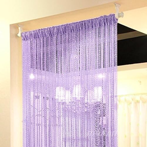 Eyotool 1x2 M Door String Curtain Rare Flat Silver Ribbon Thread Fringe Window Panel Room Divider Cute Strip Tassel for Wedding Coffee House Restaurant Parts, Light purple