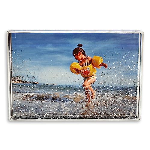 Glitter Photo Frame, Acrylic Picture Frame holds 10 x 15 cm (4 x 6 inch) Clear Frameless Desktop Photo Block with Glitter (Silver) - Ideal Personalised Gifts, Wedding Day Presents or Home D??cor