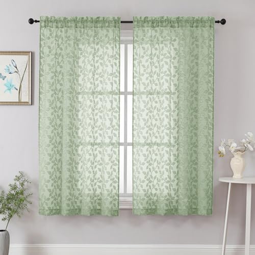 "Chyhomenyc Sage Green Sheer Curtains 63 Inch Length 2 Panels Set, Light Filtering Tufted Textured Soft Airy Rod Pocket Beautiful Leaf Window Treatment Drapes for Bedroom Living Room, 42"" Wx63 L, 2PCS"