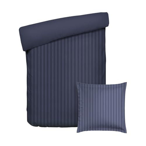 Pure Cotton 2-Piece Single Bed Linen – Duvet Cover 135 x 200 cm and Pillowcase 80 x 80 cm – 100% Cotton Sateen Woven Stripe Dobby, 80 Thread Count, 120 GSM-Oeko-TEX – Dobby – Dark Blue