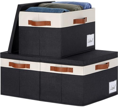 "GhvyenntteS Large Storage Bins with Lids (3 Pack), Storage Baskets with Lid and Label Window, Foldable Fabric Storage Boxes with 3 Handles for Home Office College Dorms (Black, 15"" x 11"" x 9.7"")"
