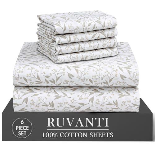 "RUVANTI 6 Pcs Cotton Sheets - 100% Natural Cotton Soft, Lightweight & Breathable Crispy Percale Sheets, Full Size Bed Sheets 16"" Deep Pockets, Botanica Living"