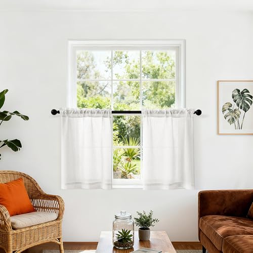 DUKIYO Cream Semi Sheer Kitchen Curtains for Small Windows 24 inch Length - Off White, Light Filtering, Linen, Boho Farmhouse, Rod Pocket, Cafe Drapes for Basement Bathroom , 25x24 Inch, 2 PCS