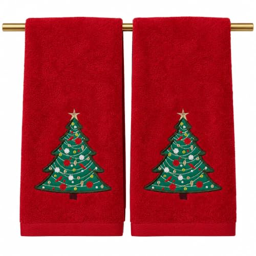 Serafina Home Christmas Red Bathroom Hand Towels, 2 pc Set, 16 x 25, Elegant Christmas Tree, 100% Cotton Velour Terry, Holiday Decor for Bath and Kitchen