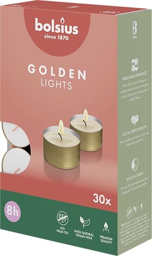 Bolsius Tea Lights with Golden Cup - Pack of 30-8 Hours Burning Time - Decorative Household Candles - Unscented - with Natural Vegan Wax - Without Palm Oil, Gold