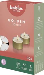 Bolsius Tea Lights with Golden Cup - Pack of 30-8 Hours Burning Time - Decorative Household Candles - Unscented - with Natural Vegan Wax - Without Palm Oil, Gold