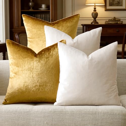 GIGIZAZA Velvet Pillow Covers 16x16,Ivory Gold Soft Throw Pillow Covers Set of 4 Square Decorative Modern Pillows Covers for Living Room