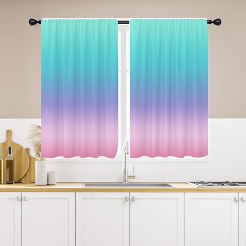 "EGLGCC Teal Pink Kitchen Curtains, Ombre, 27.5"" W x 39"" L, Rod Pocket - Cute Princess Aesthetic, Colorful Rainbow Gradient, Soft Light Aqua Purple, Kawaii Decor, Small Short Room Window Drapes"