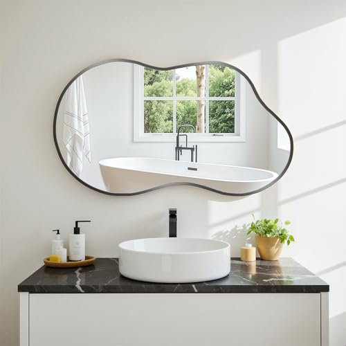 Clevich Wall Mirror, 50X91cm Cloud Wavy Hanging Mirror, Irregular Asymmetrical Bathroom Mirror with 3mm HD Tempered Glass and Aluminum Alloy Frame for Living Room/Bedroom/Entryway/Hallway (Black)