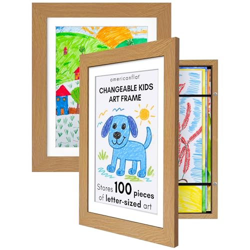Americanflat - 2 Pack - Kids Artwork Display Frame Changeable (Dark Oak) - Magnetic Door Holds 100 Art Pieces - A4 Size Display with Mount or 10x12.5 Without Mount - My Mini Masterpiece