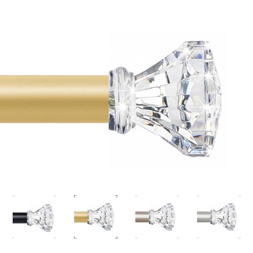 TVWOO Gold Decorative Crystal Curtain Rods 18 to 45 Inch:Heavy Duty Adjustable Window Curtains Rods for Living Room Bedroom,Brass Gold Modern Girly Acrylic Drapery Rod with Clear Bling Diamond Finial