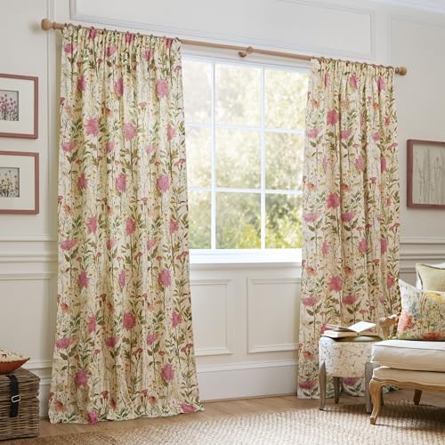 Voyage Maison Delamere Pencil Pleat Curtain Pair – 100% Cotton Country Floral Wildflower Design (Pink - 229x183cm)