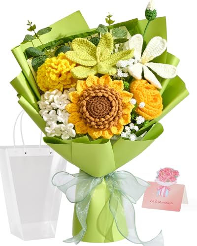 Alecono Green Crochet Flower Bouquet Handmade Knitted Sunflower Floral - Forever Artificial Flowers with Gift Card for Valentine's Day , Graduation, Birthday, Anniversary & Mother's DayGifts