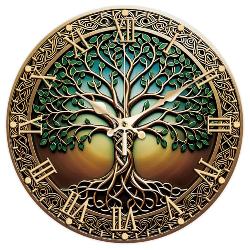 CHGCRAFT Tree of Life Wall Clock Bronze 12 Inch Clock 3D Style Round Decorative Clocks for Bedroom Living Room Kitchen Office