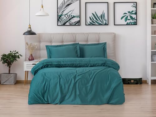 Nuit Des Rêves Satin Double Quilt Cover Set (200 x 200 cm), Petrol Blue, 100% Cotton Satin, 2 Pillowcases (80 x 80 cm), Reactive Print, Machine Washable, Button Closure