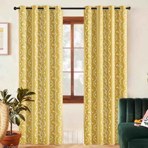 LIMON HOME 100% Boho Blackout Curtains Mustard Yellow 80 Inch lench Farmhouse Curtain for Livingroom