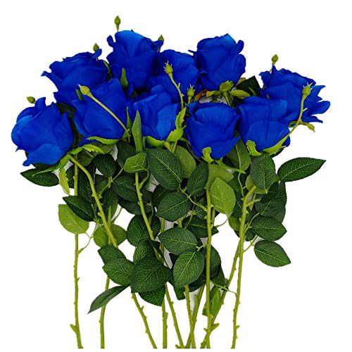 AnotherGifts 10pcs Royal Blue Artificial Silk Rose Flower Bouquet Home Decor Wedding Party Garden Long Stem for DIY