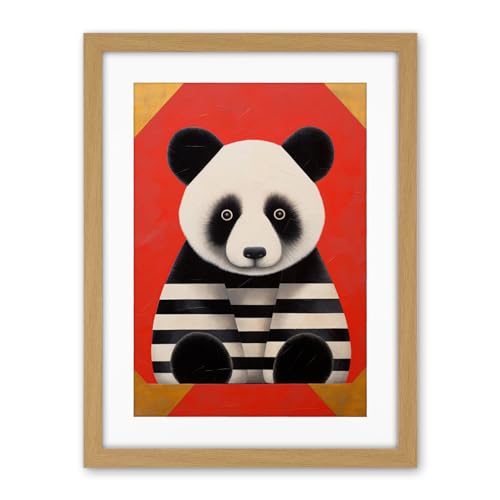 Artery8 Panda with Stripes Fun Kids Bedroom Baby Nursery Bright Bold Artwork Red Black White Artwork Framed Wall Art Print 18X24 Inch