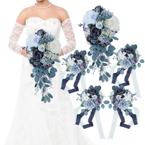 Fsslower Wedding Bouquets for Bride, Set of 5, Bridesmaid Bouquet Artificial Flower Bridal Bouquet for Wedding Ceremony Anniversary (Dusty Blue)