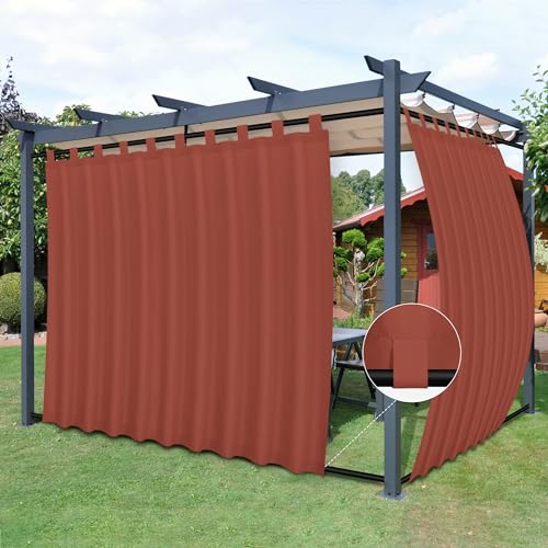 Easy-Going Outdoor Patio Curtains Detachable Tab Top Windproof Weatherproof Curtain for Cabana, Porch, Pergola and Gazebo, Tab Bottom Drape, 2 Panels, 110W x 96L inch, Terra Red