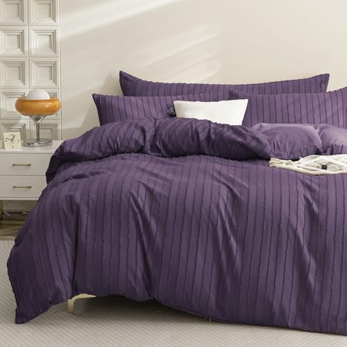 JELLYMONI Purple Striped Tufted Duvet Cover Set King Size - Soft Breathable, Cotton-Like Feel, Storage Bag, 8 Corner Ties & Hidden Zipper, Oeko-Tex Certified