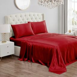 Juicy Couture Twin XL Size Satin Bed Sheet Set, Deep Pocket Silky Satin Twin XL Sheet Set with 1 Fitted Sheet, 1 Flat Sheet, 1 Pillow Case, Wrinkle Resistant and Anti Pilling - Red