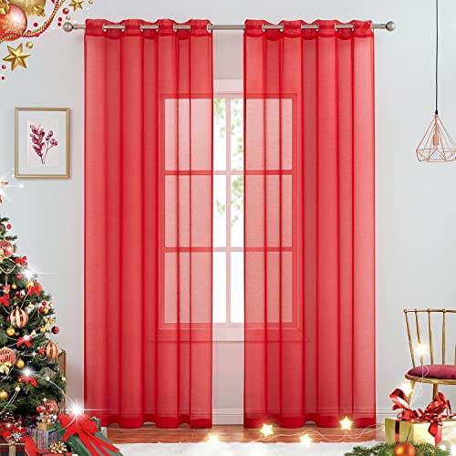 July Joy Semi Linen Look Sheer Curtains for Bedroom, Living Room Grommet Light Filtering Solid Voile Window Curtains, Set of 2 Panels (52 x 96 inch, Red)
