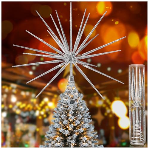Silver Christmas Tree Topper 13.7 Inch - Silver Star Burst Tree Topper, Exploding Star Christmas Tree Decorations