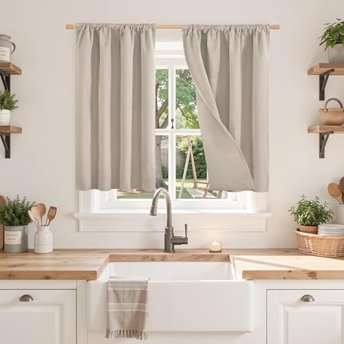 BGment Short Linen Blackout Curtains 36 Inch Length, Thermal Insulated Drapes with Rod Pocket Textured Full Room Darkening for Bedroom Small Window Privacy, Oatmeal, 2 Panels Set, Each 30 Inch Wide