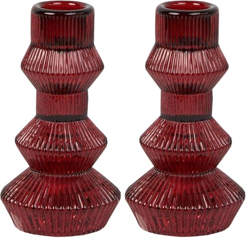 Talking Tables Burgundy Glass Candle Holder Decorative 3-Tier Candlestick Holder Gift for Weddings Home Decor Taper Candle Stand Dinner Parties Living Room Table Centrepiece 12cm (Pack of 2)