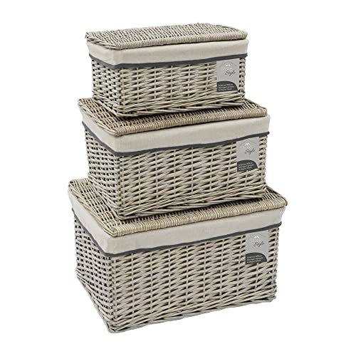 JVL Arianna Rectangular Willow Hamper Basket, Set of 3, Grey Wash