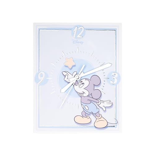 VALENTI & CO. - Disney Mickey Mouse - Wooden Table or Hanging Clock with Silver Details - Gift Idea for Newborn or Christening - Wall Clock for Children's Room