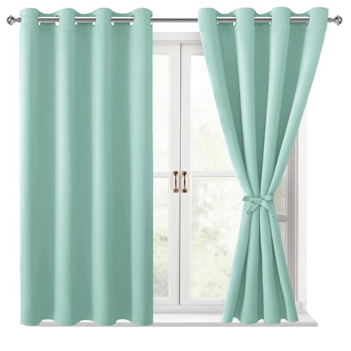 Hiasan Blackout Curtains for Bedroom - Thermal Insulated & Energy Saving Window Curtains for Living Room/Kids Room, 2 Drape Panels Sewn with Tiebacks, Aqua, 52 x 45 Inch