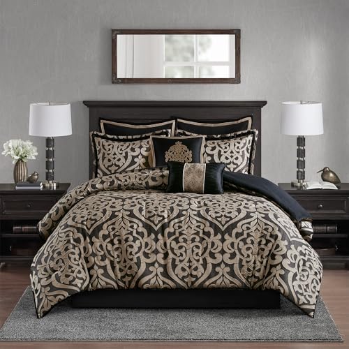 Madison Park Damask Medallion Jacquard Comforter Set, 8PC King Bedding Set - All Season Down Alternative Bedding with Comforter, Shams, Bed Skirt, Decorative Pillows, Black