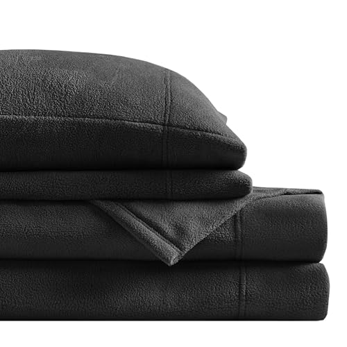 "SLEEP PHILOSOPHY True North Micro Fleece Bed Sheet Set, Warm, Sheets with 14"" Deep Pocket, for Cold Season Cozy Sheet-Set, Matching Pillow Case, Full, Black, 4 Piece"