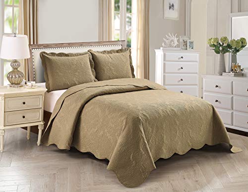 Kids Zone Home Collection, Over Size, Elegant Vintage Floral Pattern Embossed, Light Weight, Scalloped Edges, Bedspread Set, Solid, #Stacy, 2 Pieces, Twin, Taupe