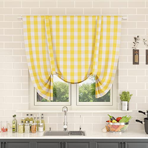 NATUS WEAVER Tie Up Curtain for Windows 45 inches Long Buffalo Check Adjustable Tie Up Shades Plaid Gingham Rod Pocket for Kitchen Windows 1 Panel, Yellow & White