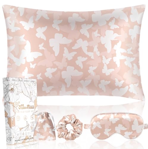 "Miss Adola Mulberry Silk Pillow Case for Hair and Skin 19 Momme Standard 26""x20"" Butterfly Silk Pillowcase with Eye Mask & Scrunchie Soft Silk Pillowcase Sleeping for Moms, Women"