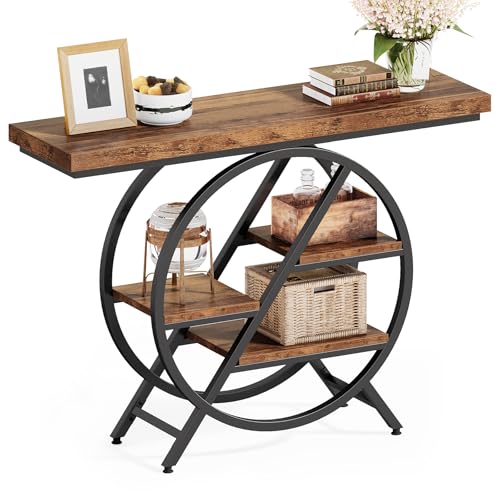 "LITTLE TREE Industrial Console Table for Entryway, 39.37"" Narrow Sofa Table Behind Couch, 4-Tier Storage with Metal Frame, Rustic Accent Table for Living Room, Foyer, Hallway"