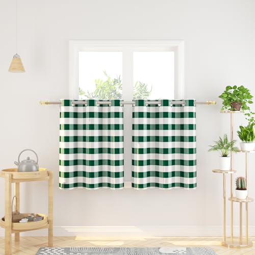 Natus Weaver Tier Curtains 30 inches Long Buffalo Check Gingham Plaid Kitchen Window Curtain Panels Small Short Bathroom Grommet Top Window Treatment 2 Panels Dark Green and White