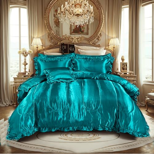 Silky Comforter Set with Sheet Set King 8 Pcs Peacock Green Bed in a Bag Green Bedding Set Silk Like Satin Ruffle Home Deocr Sexy Hotel Silky Bed Set with 1 Cushion Cover