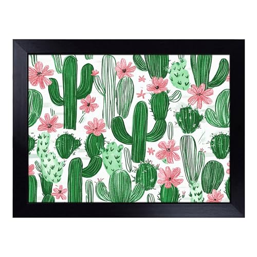 Lap Tray with Bean Bag Cushion, Cactus Art - Handmade in the UK, Raised Wooden Edge, Padded Cushion, Heat-Resistant Wipe-Clean Surface, for Meals, Laptops and Crafts