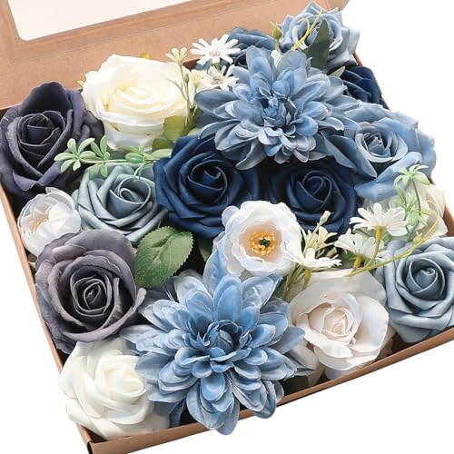 Floroom Dusty Blue Navy Artificial Flowers Fake Roses Peonies Dahlias and Greenery Combo Box Set for DIY Wedding Bouquets Bridal Shower Centerpieces Floral Arrangements Party Tables Home Decorations