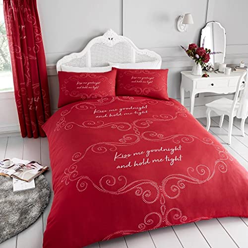 Gaveno Cavailia Luxurious GOOD NIGHT Bed Set with Duvet Cover and Pillow Cases, Polyester-Cotton, Red, Single
