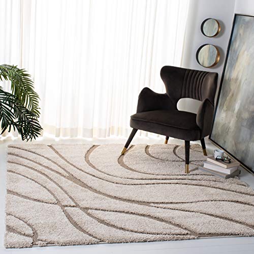 Safavieh Shag Rug for Living Room, Dining Room, Bedroom - Florida Shag Collection, High Pile, in Cream and Beige, 122 X 122 cm
