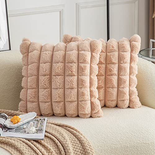 Neelvin Set of 2 Camel Faux Fur Cozy Soft Plaid Decorative Throw Pillow Covers 18x18 inch 45x45cm Velvet Pillowcase Cushion Covers for Sofa Couch